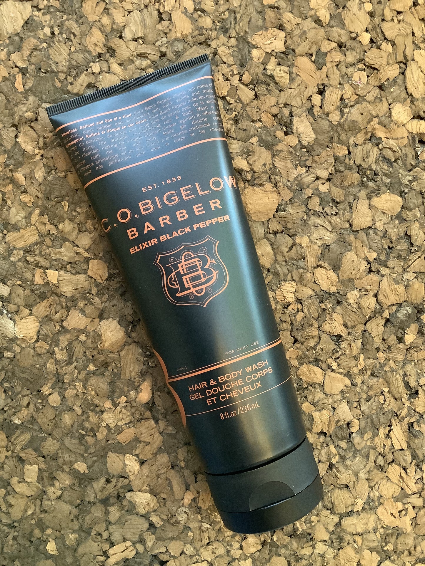 Container of C.O. Bigelow Barber hair and body wash black pepper 